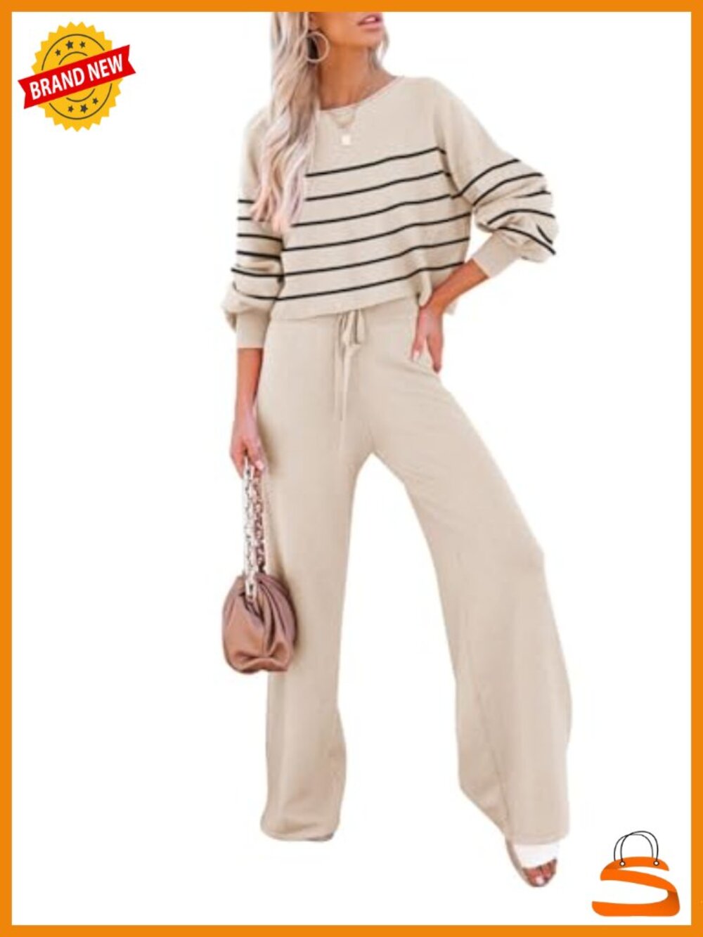 Relaxed Fit Striped Knit Sweater & Wide Leg Pants Lounge Set